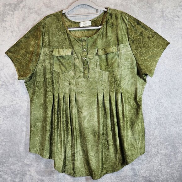 Shannon Ford  Tunic Top Womens 2X Green Short Sleeve Pleated flowy slinky office - Picture 1 of 12